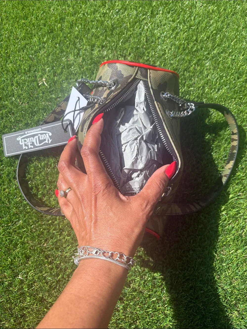 Von Dutch Camo Barrel Bag in Green with Red Trim and Silver Chain